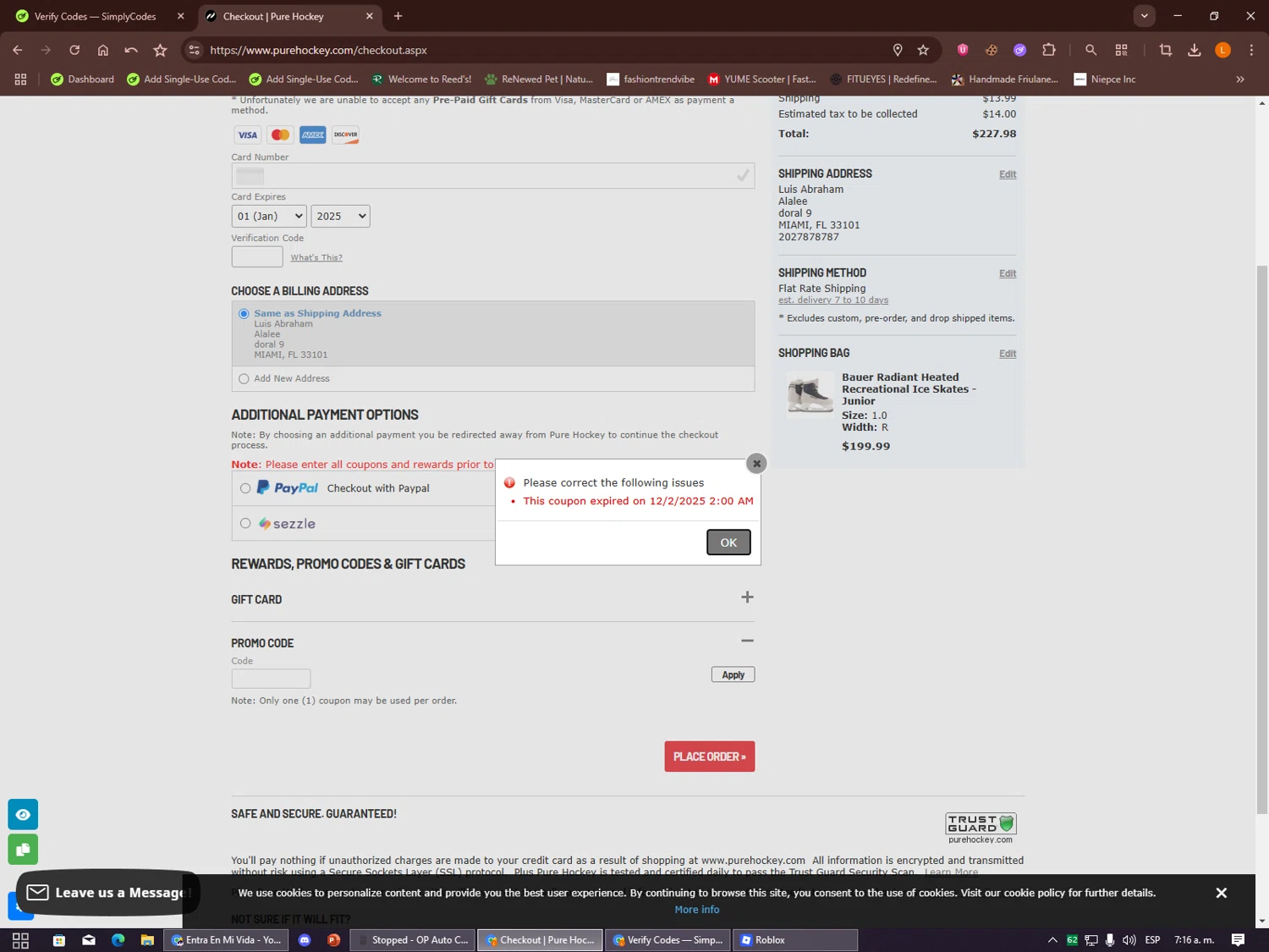 Hockey Giant promo code screenshot showing code SVCYB25 applied at Hockey Giant checkout page. Uploaded by SimplyCodes community member Alalee on Dec 28, 2025
