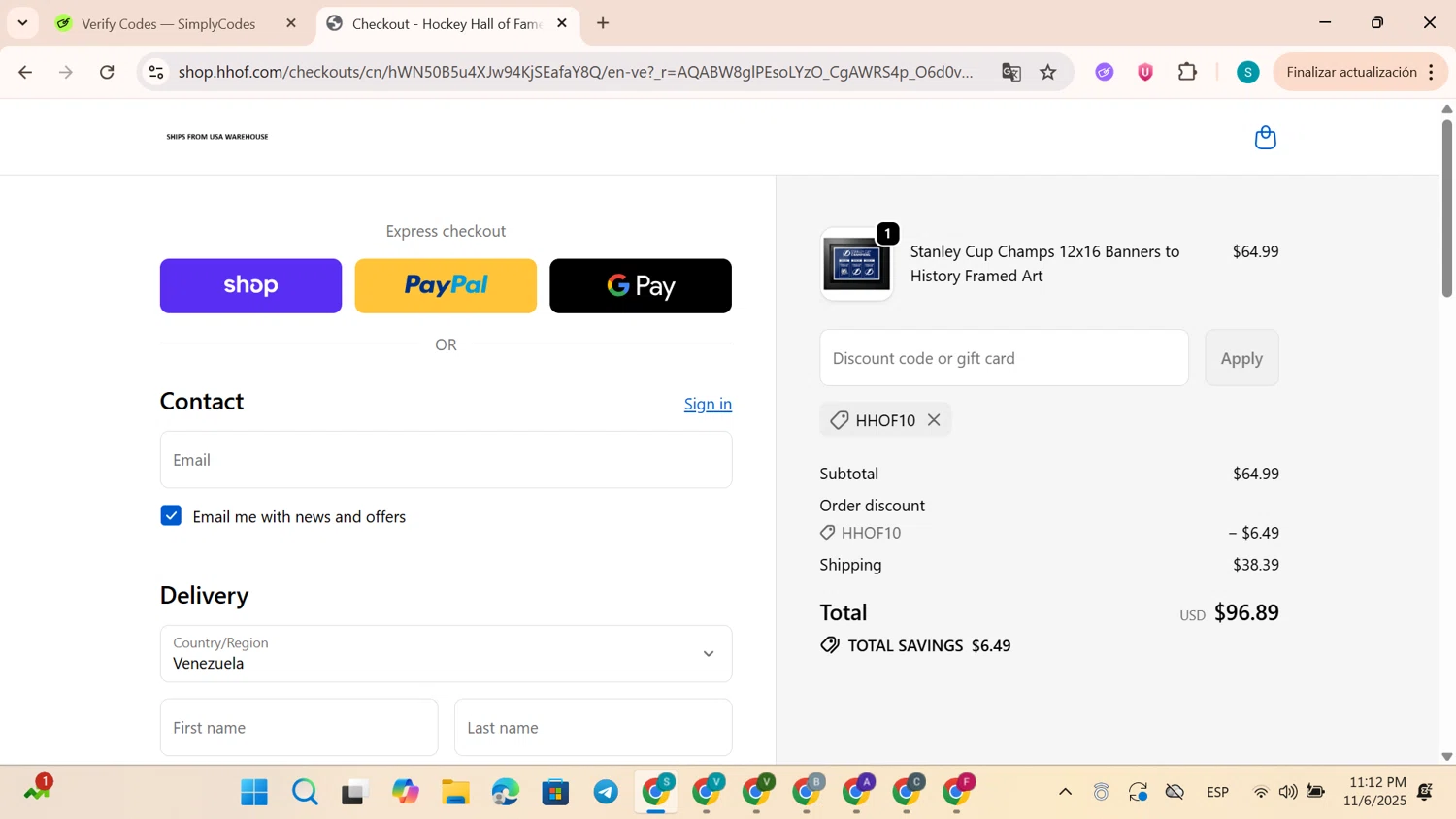 Hockey Hall of Fame promo code screenshot showing code HHOF10 applied at Hockey Hall of Fame checkout page. Uploaded by SimplyCodes community member TreasureEagle4642 on Nov 7, 2025
