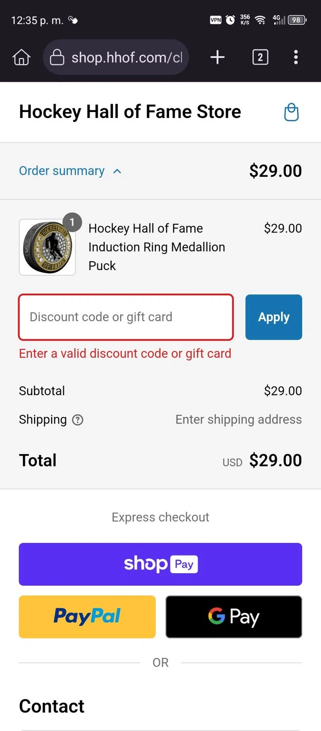 Hockey Hall of Fame promo code screenshot showing code HHOF200 applied at Hockey Hall of Fame checkout page. Uploaded by SimplyCodes community member Diego_Soto on Jan 18, 2025
