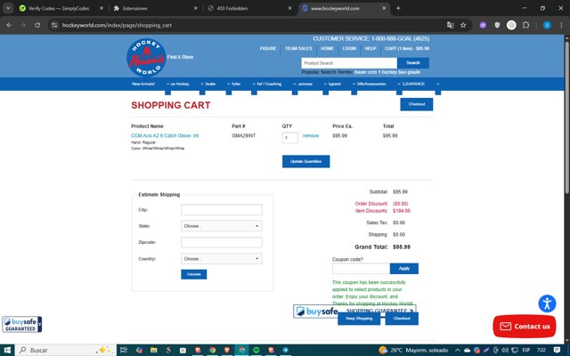 Hockey World checkout page showing Hockey World promo code box | Screenshot taken by SimplyCodes community member on Aug 26, 2025