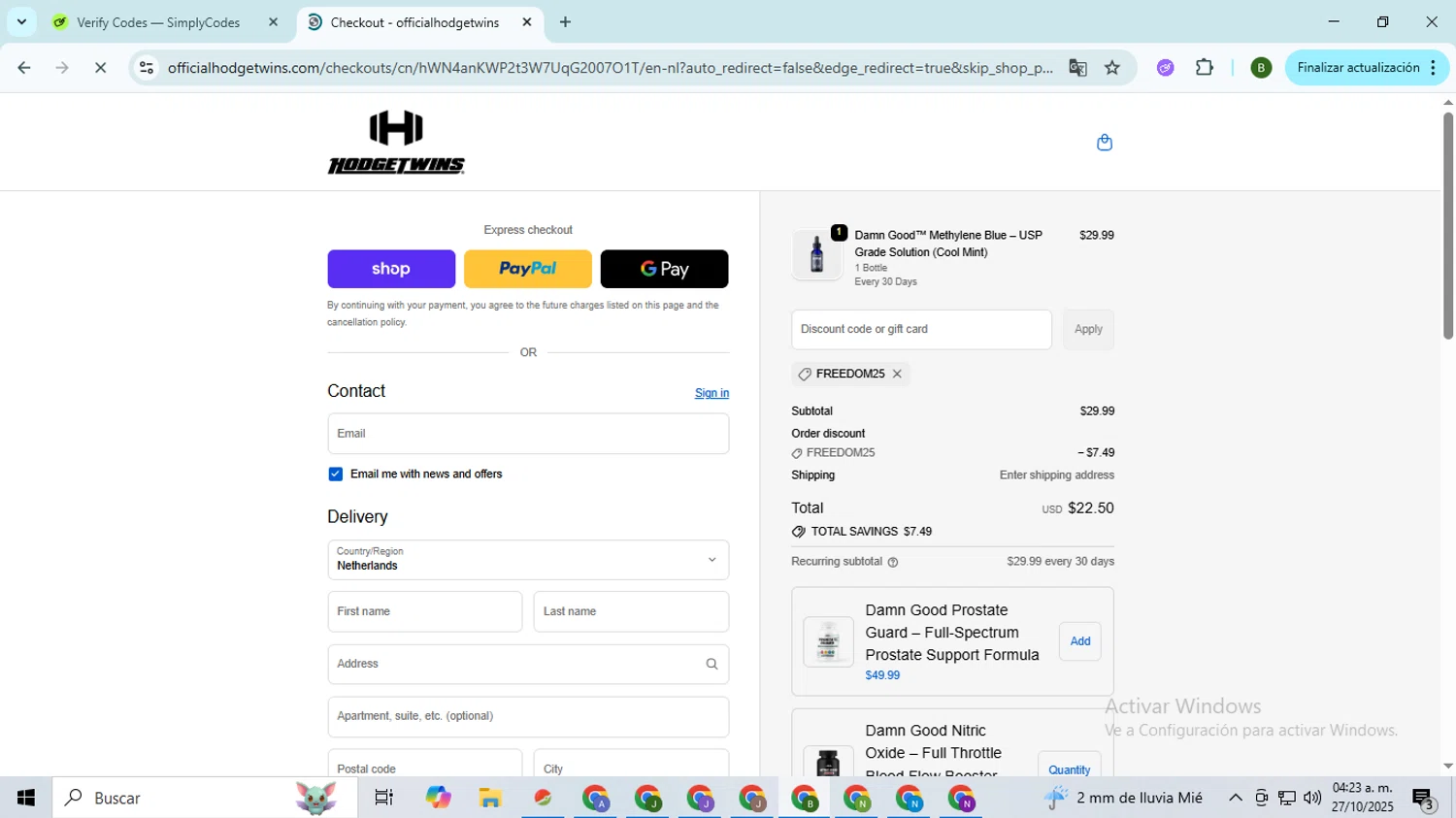 Hodgetwins coupon code screenshot showing code FREEDOM25 applied at Hodgetwins checkout page. Uploaded by SimplyCodes community member SaleVirtuoso5993 on Oct 27, 2025