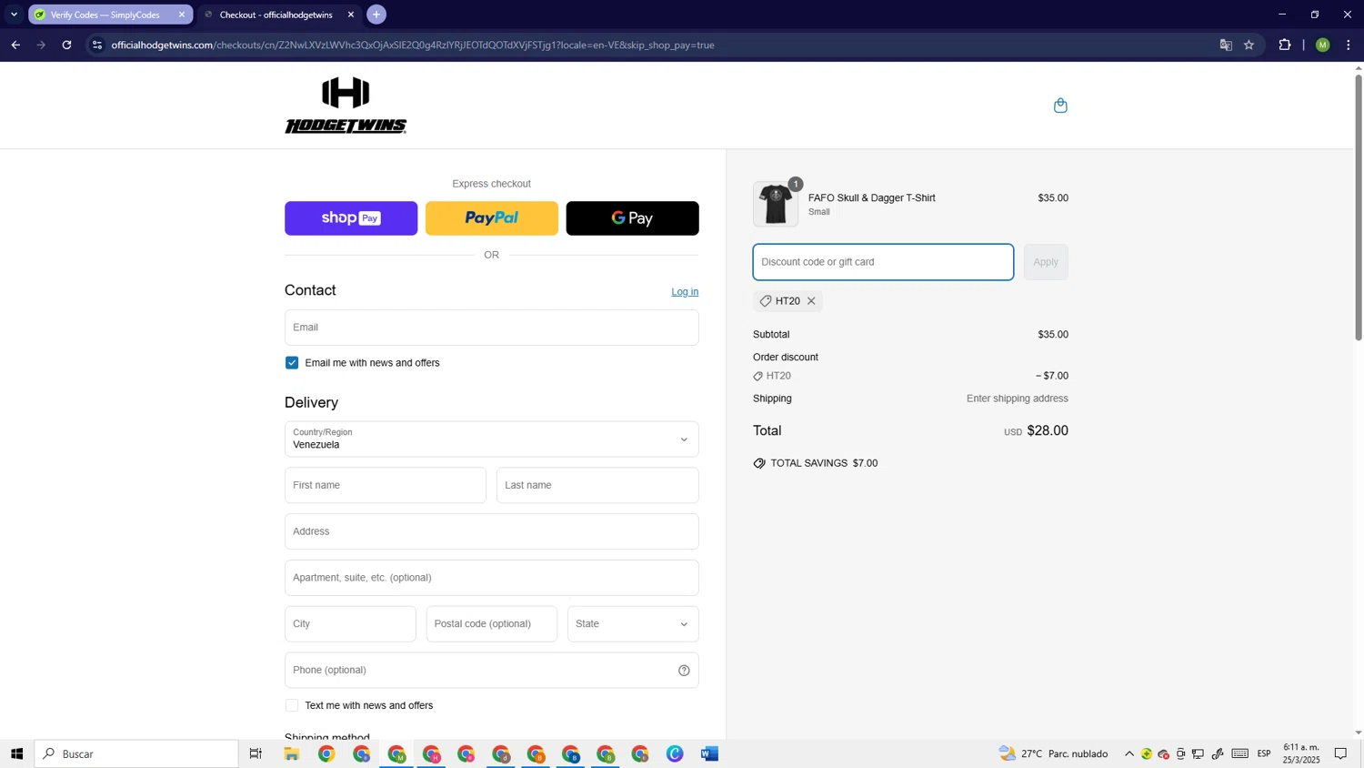 Hodgetwins coupon code screenshot showing code HT20 applied at Hodgetwins checkout page. Uploaded by SimplyCodes community member PrimeSage6924 on Mar 25, 2025