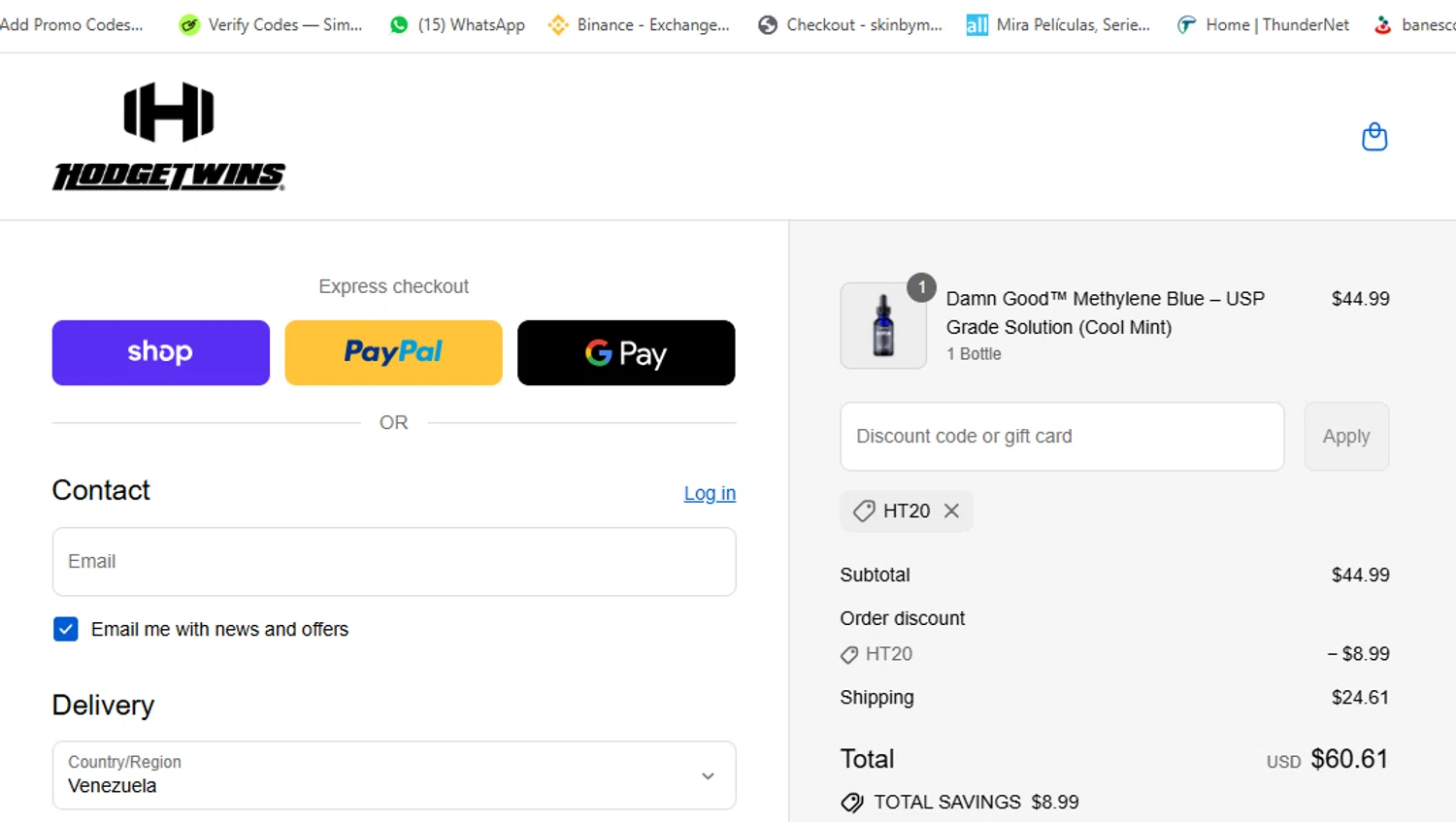 Hodgetwins coupon code screenshot showing code HT20 applied at Hodgetwins checkout page. Uploaded by SimplyCodes community member yeresojperez on Aug 30, 2025