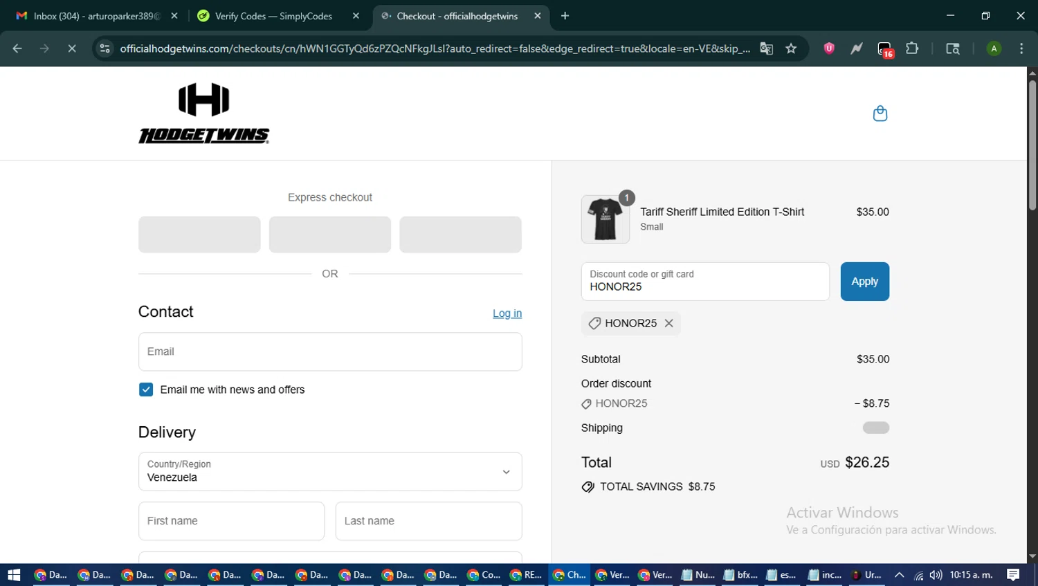 Hodgetwins coupon code screenshot showing code HONOR25 applied at Hodgetwins checkout page. Uploaded by SimplyCodes community member CashLynx5338 on Jul 31, 2025