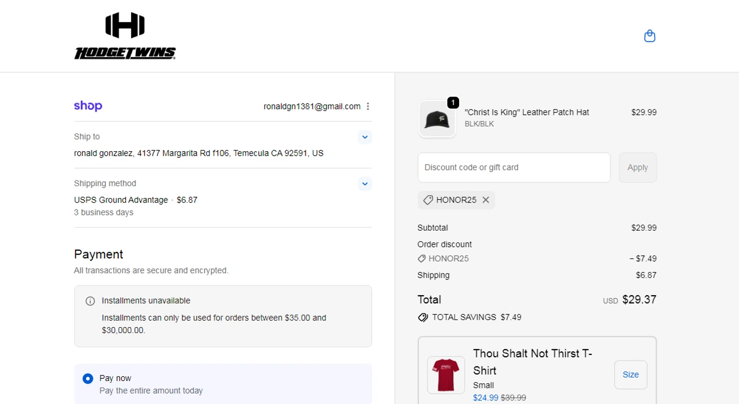Hodgetwins coupon code screenshot showing code HONOR25 applied at Hodgetwins checkout page. Uploaded by SimplyCodes community member CleverAdmiral7613 on Oct 23, 2025