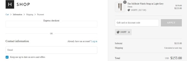 Hodinkee checkout page showing Hodinkee discount code box | Screenshot taken by SimplyCodes community member on Aug 21, 2021