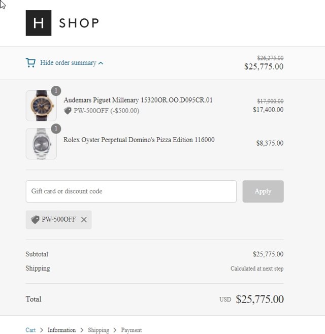 Hodinkee checkout page showing Hodinkee discount code box | Screenshot taken by SimplyCodes community member on Apr 28, 2022