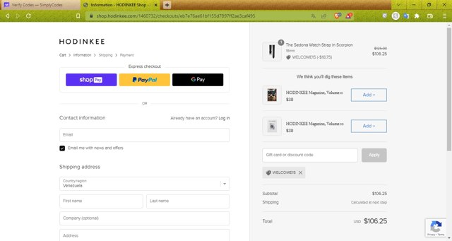 Hodinkee checkout page showing Hodinkee discount code box | Screenshot taken by SimplyCodes community member on Mar 24, 2023
