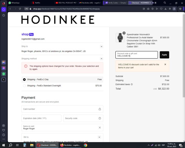 Hodinkee checkout page showing Hodinkee discount code box | Screenshot taken by SimplyCodes community member on Oct 18, 2023