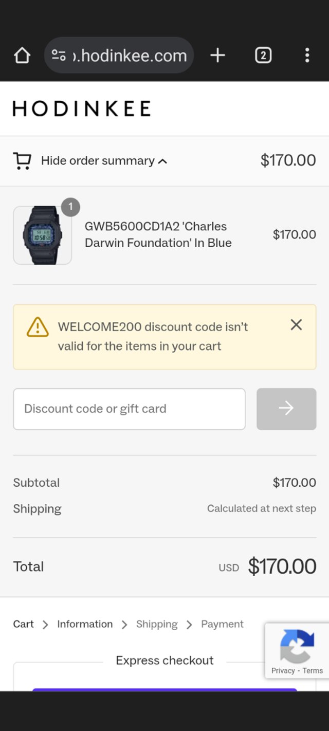 Hodinkee checkout page showing Hodinkee discount code box | Screenshot taken by SimplyCodes community member on Jan 13, 2024