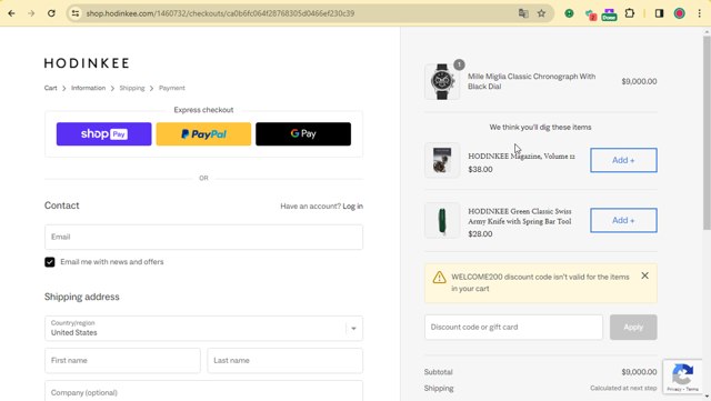 Hodinkee checkout page showing Hodinkee discount code box | Screenshot taken by SimplyCodes community member on Dec 15, 2023