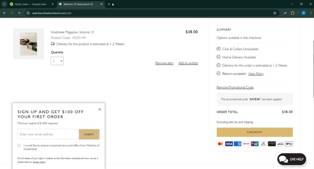 Hodinkee Shop checkout page showing Hodinkee Shop discount code box | Screenshot taken by SimplyCodes community member on Feb 22, 2025