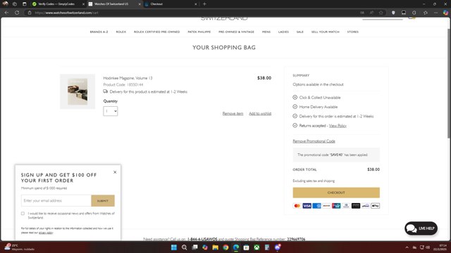 Hodinkee Shop checkout page showing Hodinkee Shop discount code box | Screenshot taken by SimplyCodes community member on Feb 22, 2025