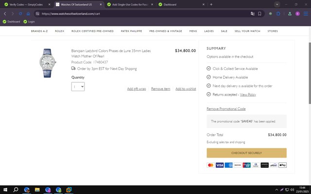 Hodinkee Shop checkout page showing Hodinkee Shop discount code box | Screenshot taken by SimplyCodes community member on Jan 23, 2025
