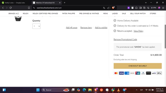 Hodinkee Shop checkout page showing Hodinkee Shop discount code box | Screenshot taken by SimplyCodes community member on Jan 24, 2025