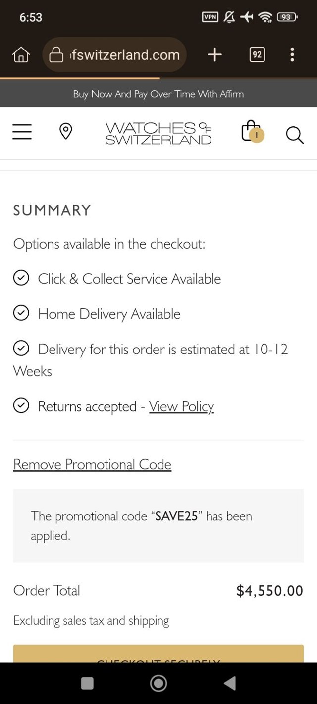 Hodinkee Shop checkout page showing Hodinkee Shop discount code box | Screenshot taken by SimplyCodes community member on Jan 23, 2025