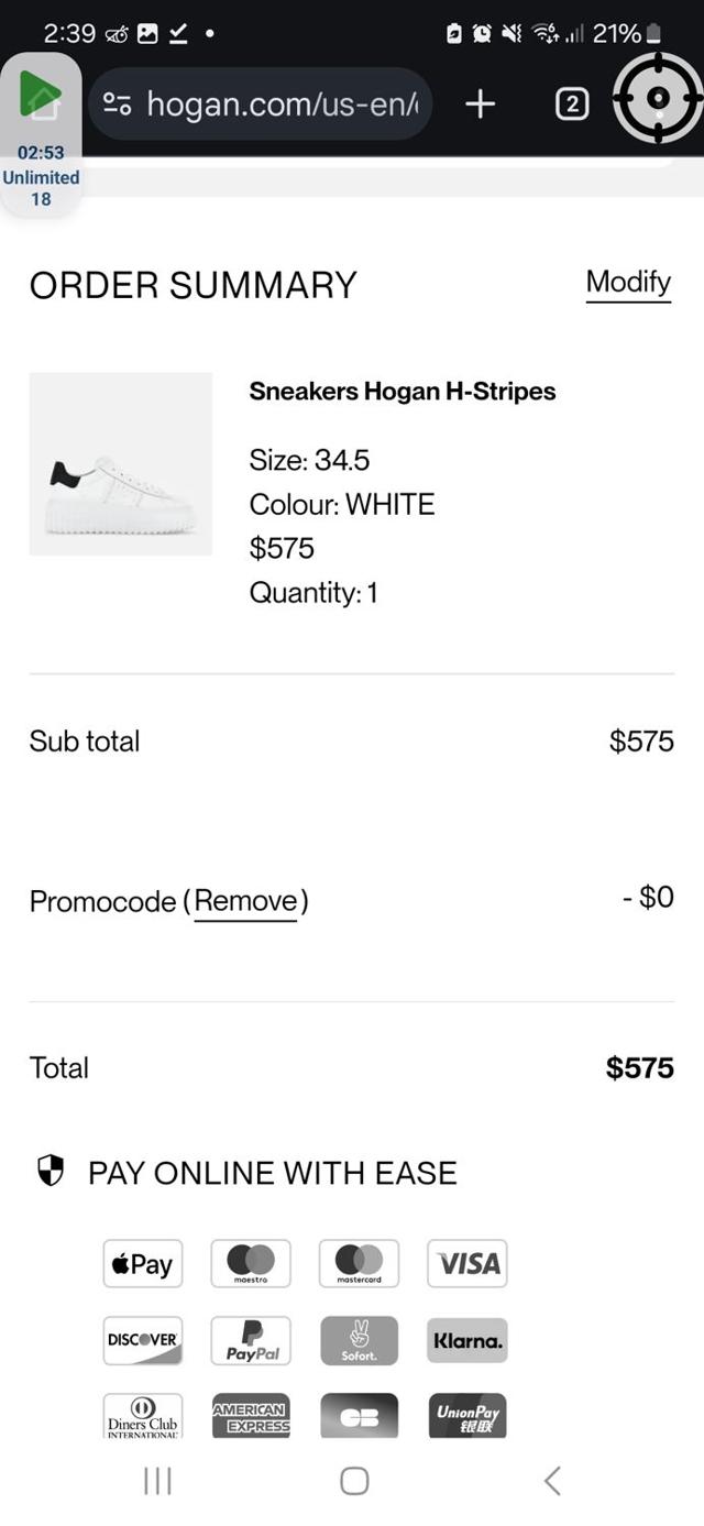 Hogan US checkout page showing Hogan US promo code box | Screenshot taken by SimplyCodes community member on Dec 4, 2024