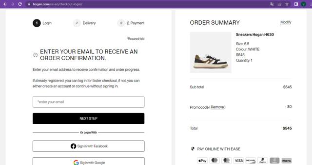 Hogan US checkout page showing Hogan US promo code box | Screenshot taken by SimplyCodes community member on Nov 20, 2024