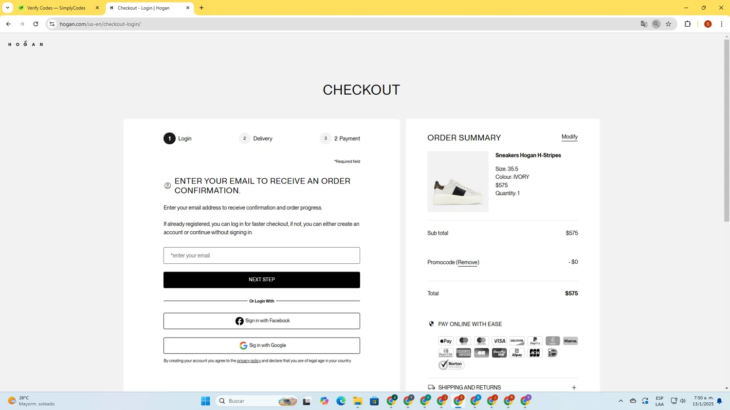 Hogan US promo code screenshot showing code WELCOMEHOGAN applied at Hogan US checkout page. Uploaded by SimplyCodes community member LegendaryBoss2307 on Jan 13, 2025