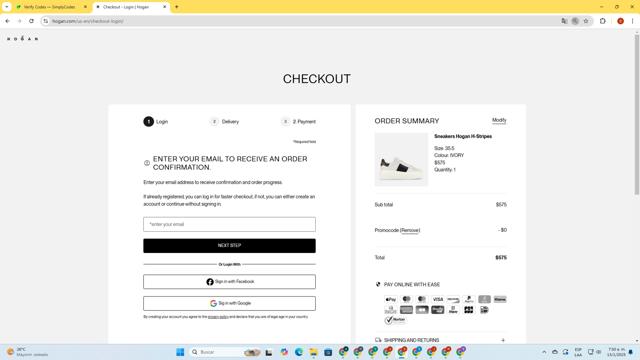 Hogan US checkout page showing Hogan US promo code box | Screenshot taken by SimplyCodes community member on Jan 13, 2025