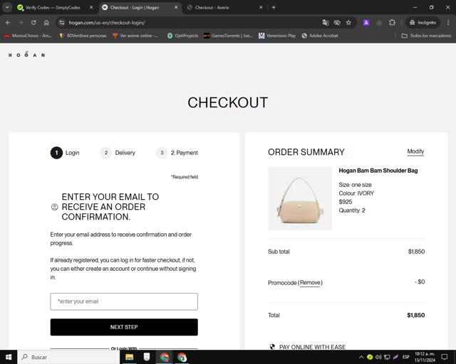Hogan US checkout page showing Hogan US promo code box | Screenshot taken by SimplyCodes community member on Nov 13, 2024