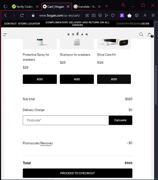 Hogan US checkout page showing Hogan US promo code box | Screenshot taken by SimplyCodes community member on Nov 25, 2024