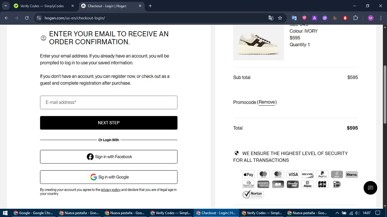Hogan US promo code screenshot showing code WELCOME applied at Hogan US checkout page. Uploaded by SimplyCodes community member MightyTracker1549 on Oct 22, 2025