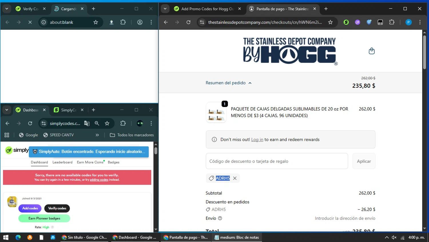 Hogg Outfitters discount code screenshot showing code ADRH5 applied at Hogg Outfitters checkout page. Uploaded by SimplyCodes community member MAVESA on Feb 1, 2026