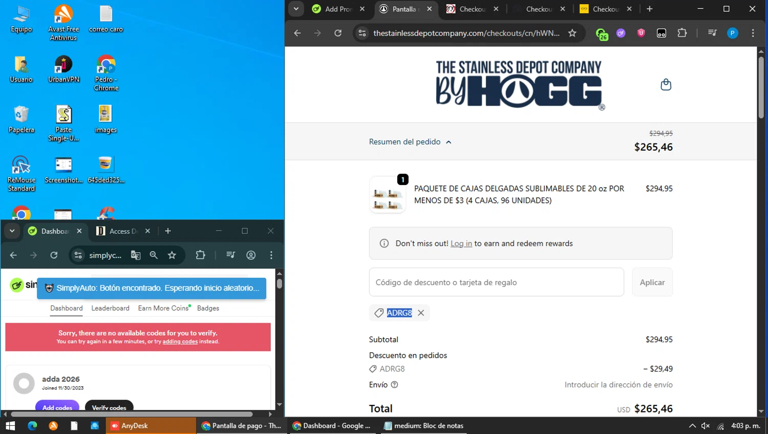 Hogg Outfitters discount code screenshot showing code ADRG8 applied at Hogg Outfitters checkout page. Uploaded by SimplyCodes community member MAVESA on Jan 24, 2026