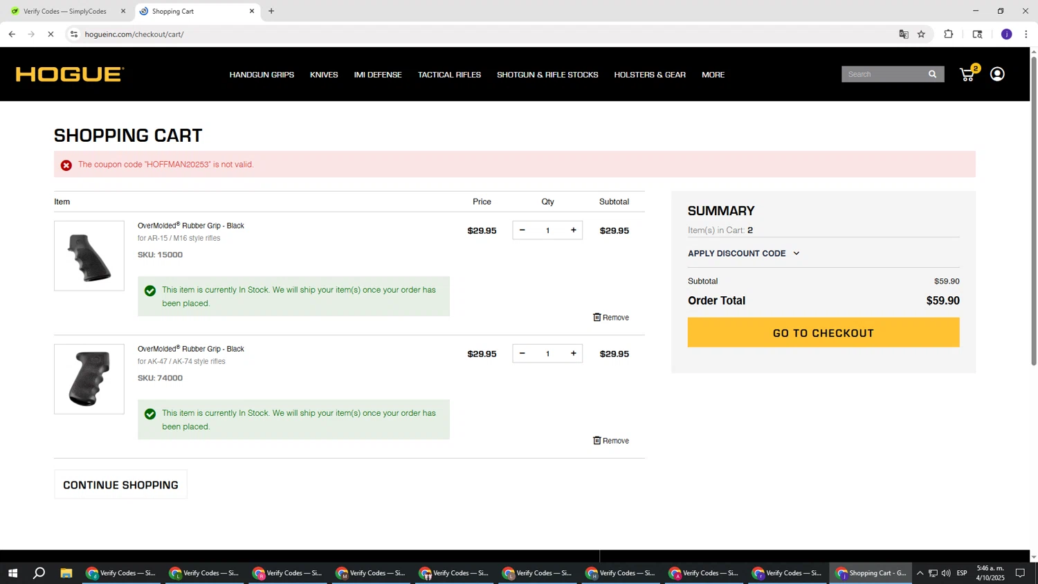 Hogue discount code screenshot showing code HOFFMAN20253 applied at Hogue checkout page. Uploaded by SimplyCodes community member simplycodesssss on Oct 4, 2025