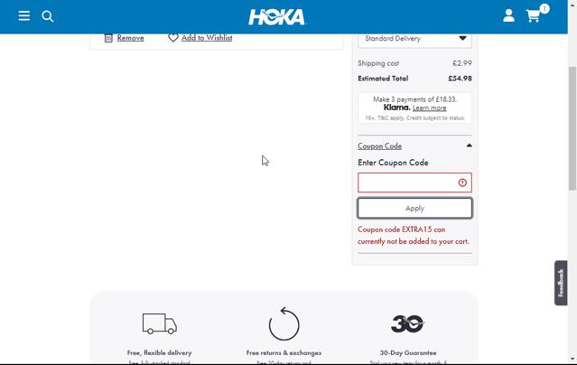 HOKA checkout page showing HOKA coupon code box | Screenshot taken by SimplyCodes community member on Sep 1, 2024