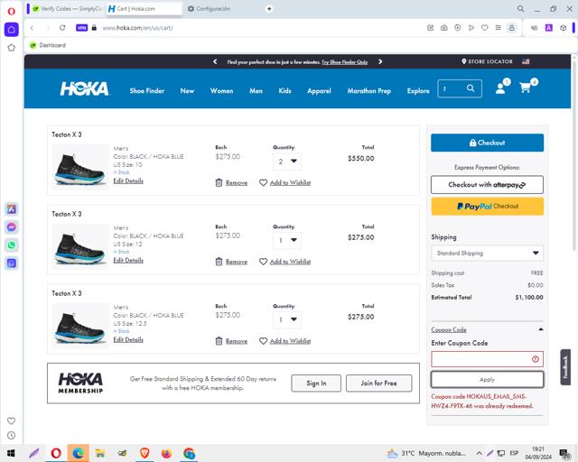 HOKA checkout page showing HOKA coupon code box | Screenshot taken by SimplyCodes community member on Sep 4, 2024