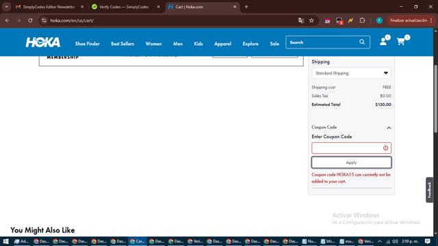 HOKA checkout page showing HOKA coupon code box | Screenshot taken by SimplyCodes community member on Apr 25, 2025