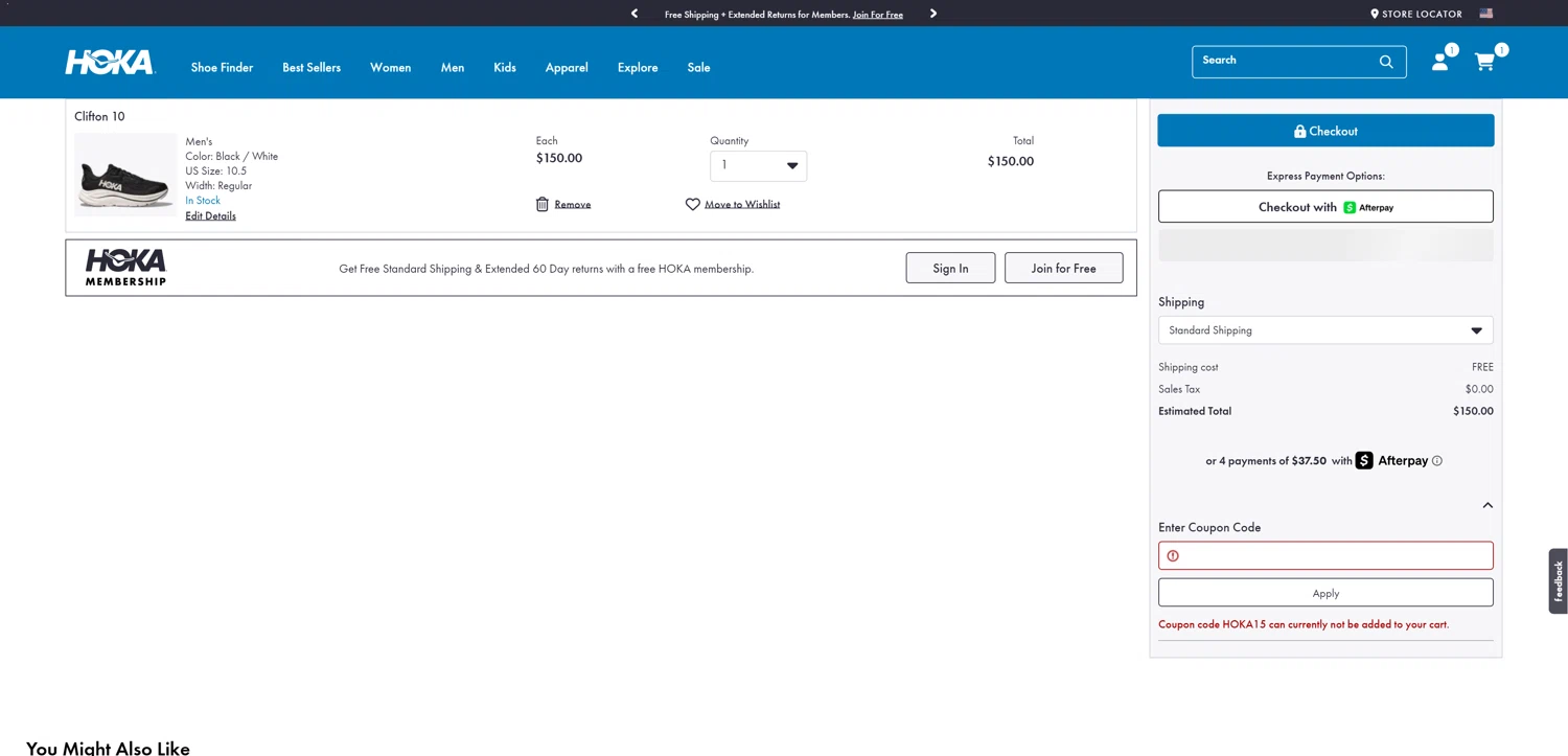 HOKA checkout page showing HOKA coupon code box | Screenshot taken by SimplyCodes community member on Apr 25, 2025