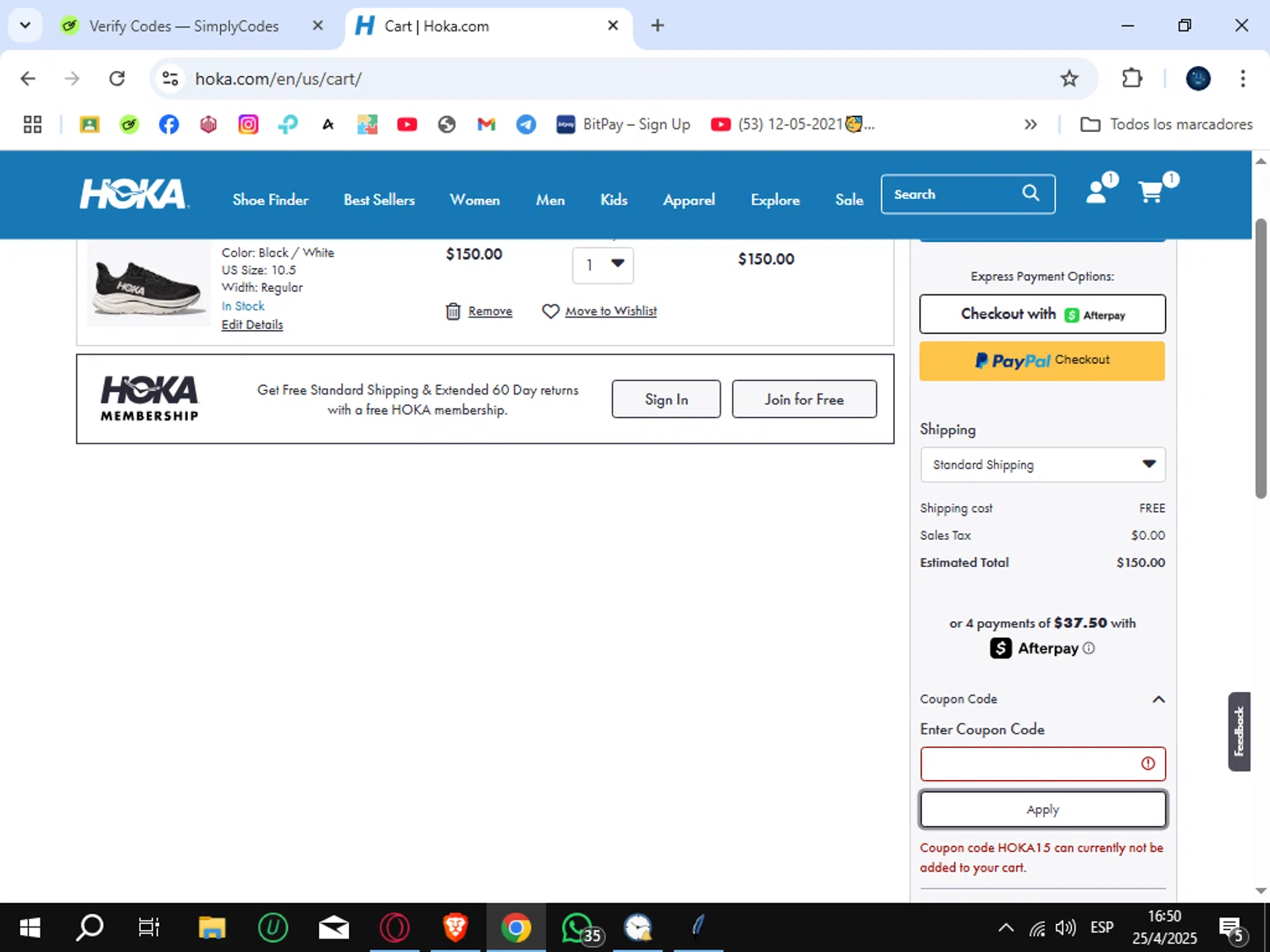 HOKA coupon code screenshot showing code HOKA15 applied at HOKA checkout page. Uploaded by SimplyCodes community member SunJinWoo on Apr 25, 2025