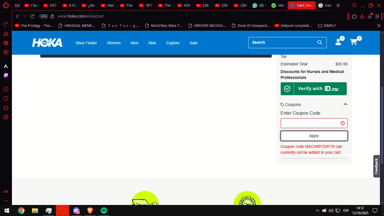 HOKA coupon code screenshot showing code MACHMYDAY10 applied at HOKA checkout page. Uploaded by SimplyCodes community member Helpme on Oct 13, 2025
