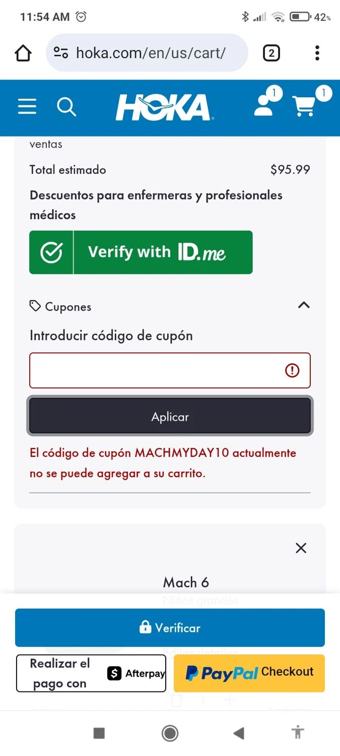 HOKA coupon code screenshot showing code MACHMYDAY10 applied at HOKA checkout page. Uploaded by SimplyCodes community member MoneyElite1451 on Oct 13, 2025