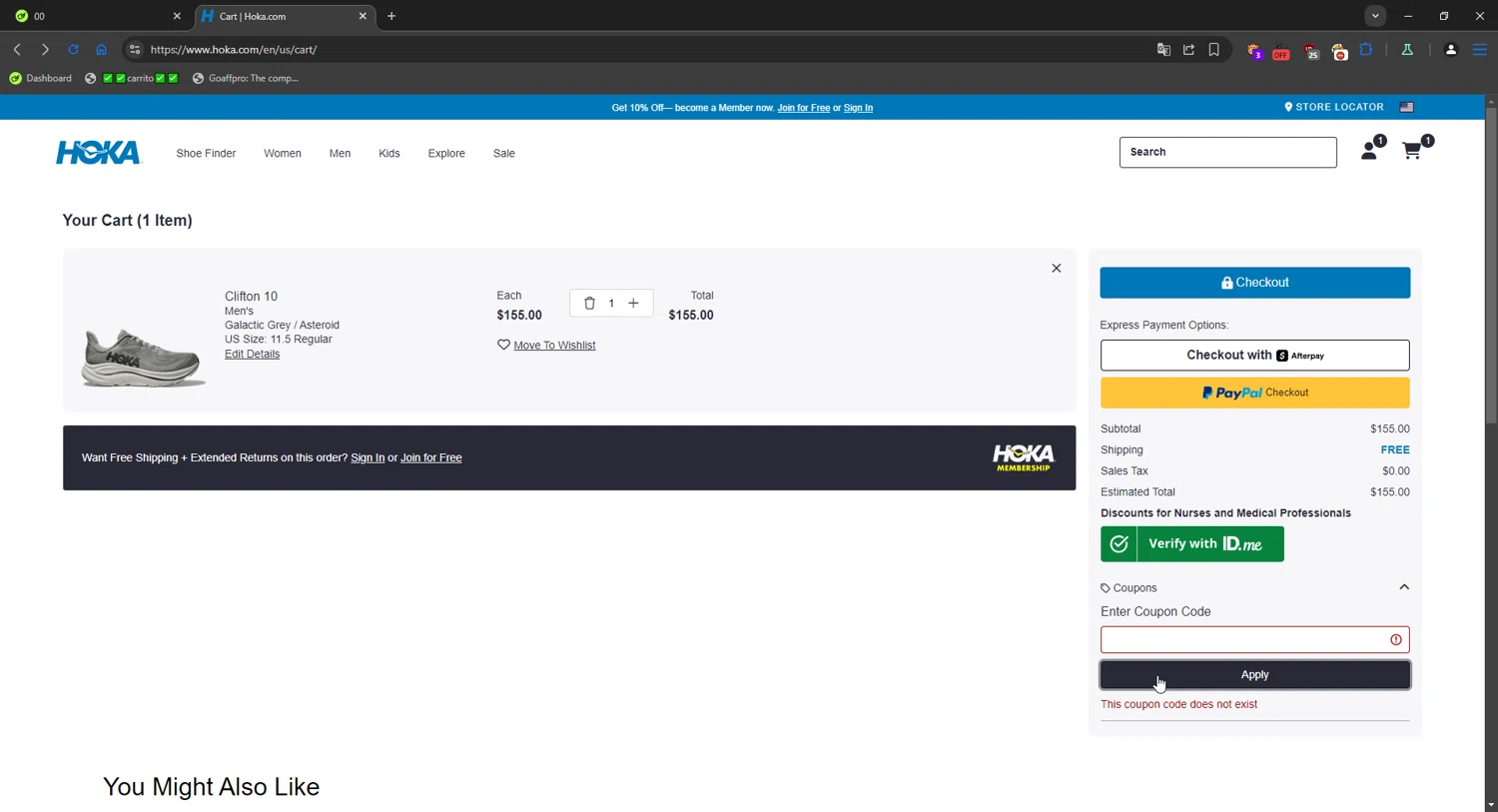 HOKA coupon code screenshot showing code HOKAOCT2025 applied at HOKA checkout page. Uploaded by SimplyCodes community member Mriko_Kien_lo_lea on Oct 31, 2025