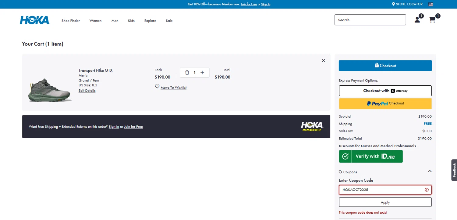 HOKA coupon code screenshot showing code HOKAOCT2025 applied at HOKA checkout page. Uploaded by SimplyCodes community member PennySage5996 on Oct 31, 2025