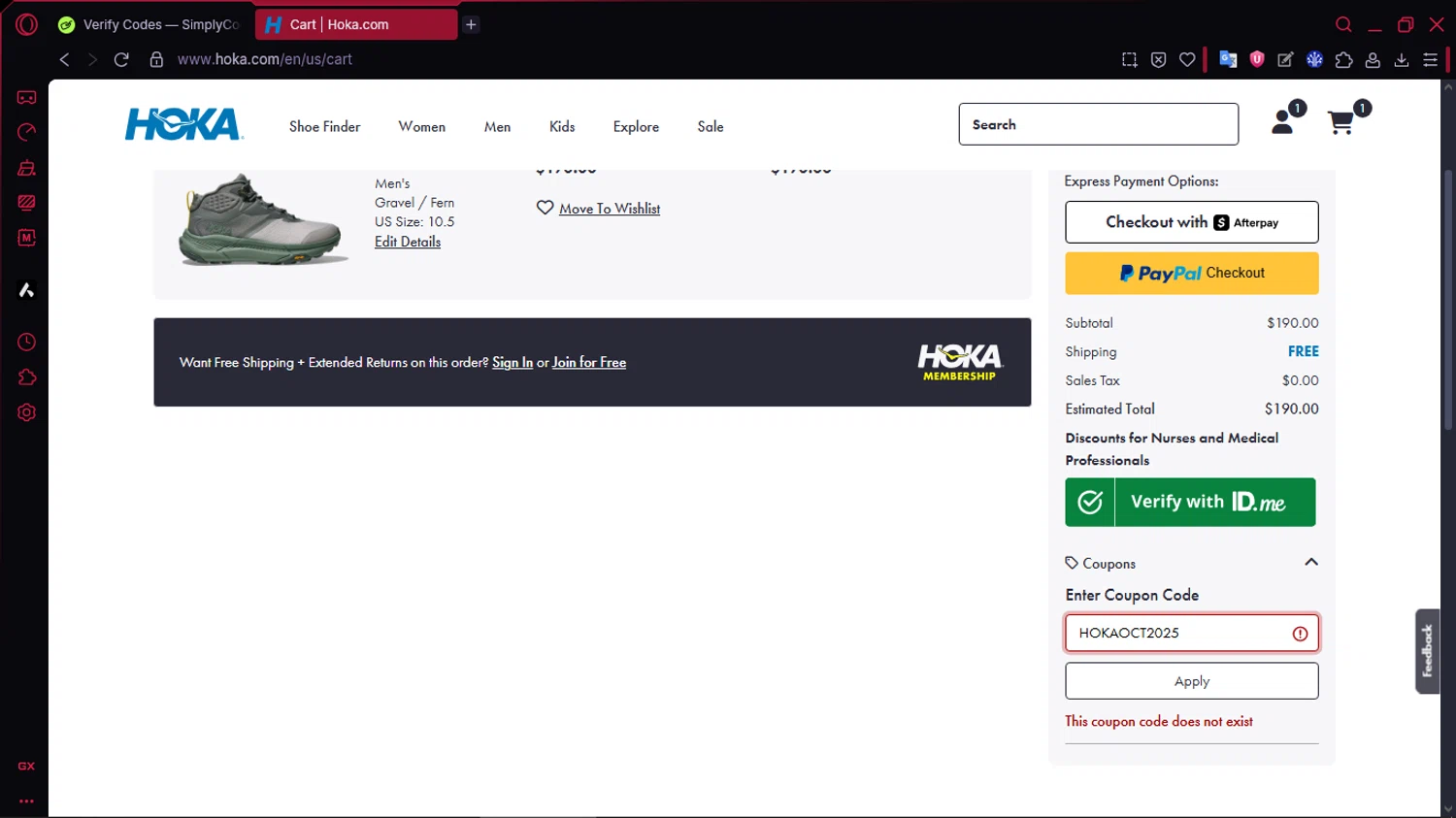 HOKA coupon code screenshot showing code HOKAOCT2025 applied at HOKA checkout page. Uploaded by SimplyCodes community member TOLUENO on Oct 31, 2025