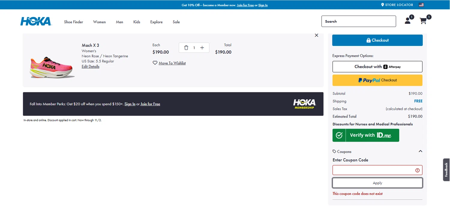 HOKA coupon code screenshot showing code CODE10 applied at HOKA checkout page. Uploaded by SimplyCodes community member MagnifiHero3476 on Nov 1, 2025