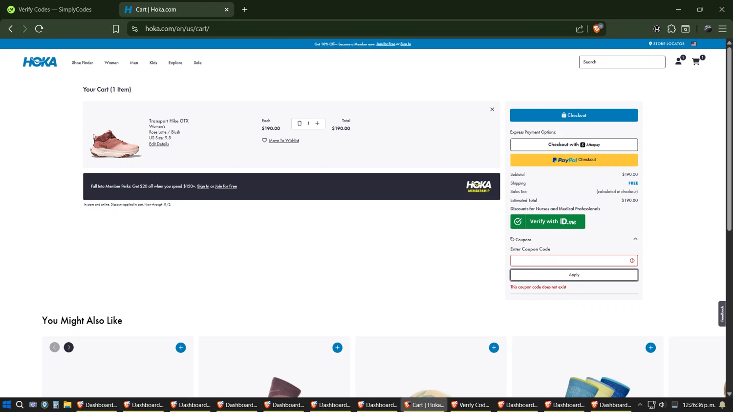 HOKA coupon code screenshot showing code CODE10 applied at HOKA checkout page. Uploaded by SimplyCodes community member Phoenix on Nov 1, 2025