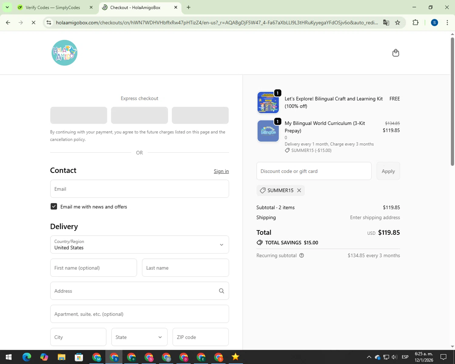 HolaAmigoBox promo code screenshot showing code SUMMER15 applied at HolaAmigoBox checkout page. Uploaded by SimplyCodes community member 00000007 on Jan 12, 2026