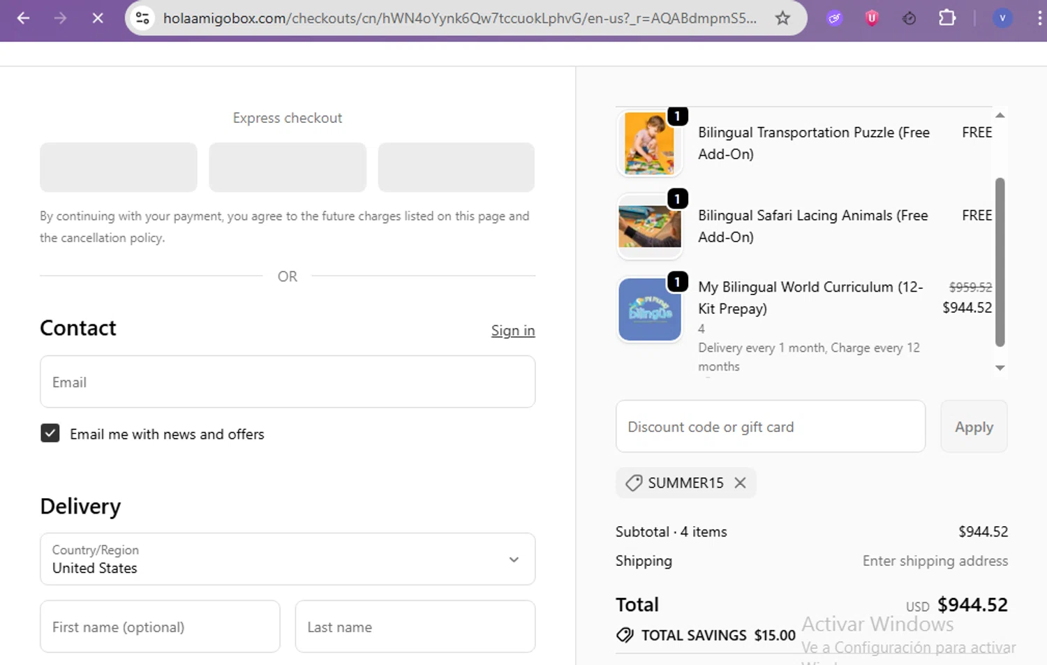 HolaAmigoBox promo code screenshot showing code SUMMER15 applied at HolaAmigoBox checkout page. Uploaded by SimplyCodes community member beatrizcastillo on Nov 2, 2025
