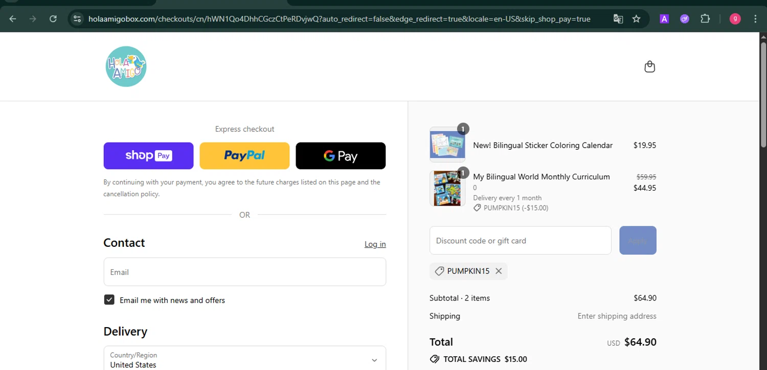 HolaAmigoBox promo code screenshot showing code PUMPKIN15 applied at HolaAmigoBox checkout page. Uploaded by SimplyCodes community member MoneyFalcon481 on Aug 5, 2025