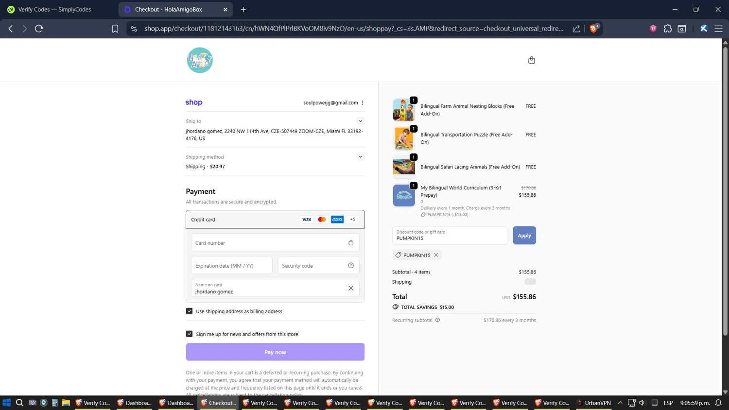 HolaAmigoBox promo code screenshot showing code PUMPKIN15 applied at HolaAmigoBox checkout page. Uploaded by SimplyCodes community member ZoilaPerrita on Oct 23, 2025