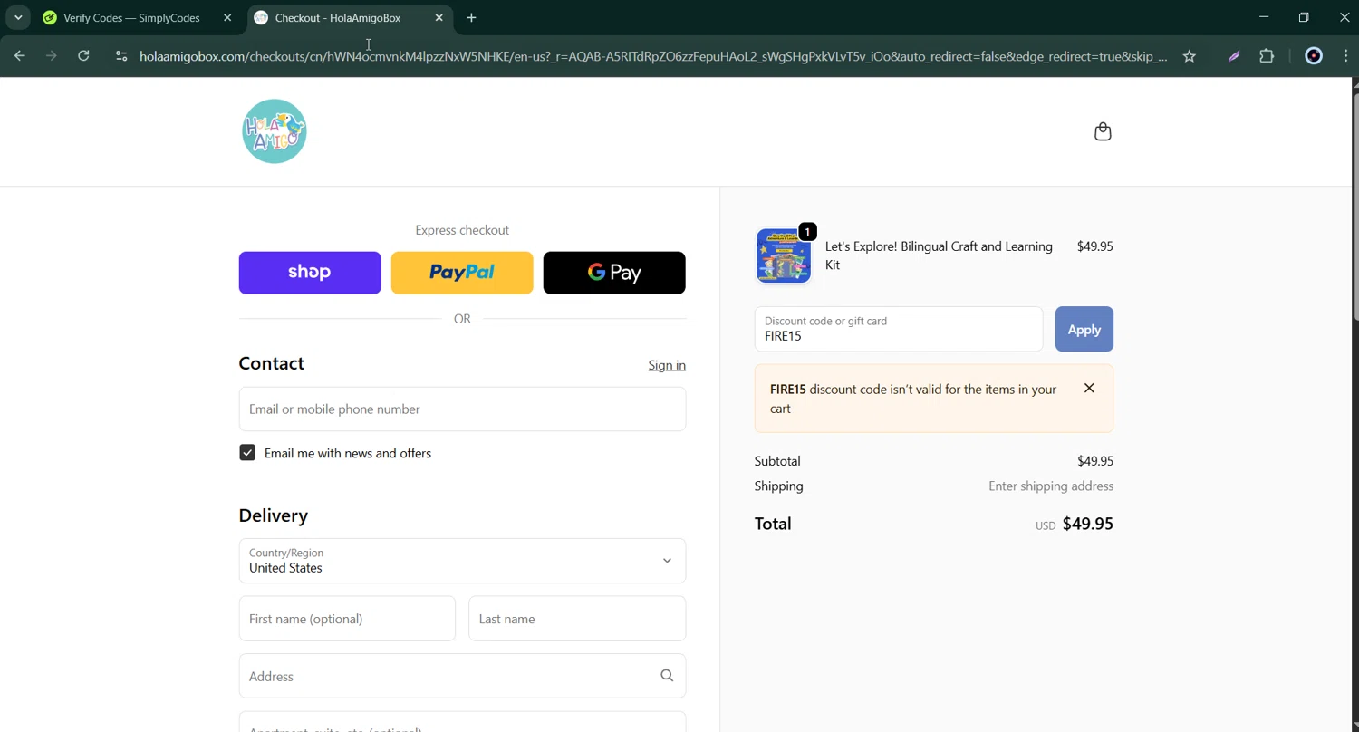 HolaAmigoBox promo code screenshot showing code FIRE15 applied at HolaAmigoBox checkout page. Uploaded by SimplyCodes community member Bernard_Lowe on Nov 2, 2025