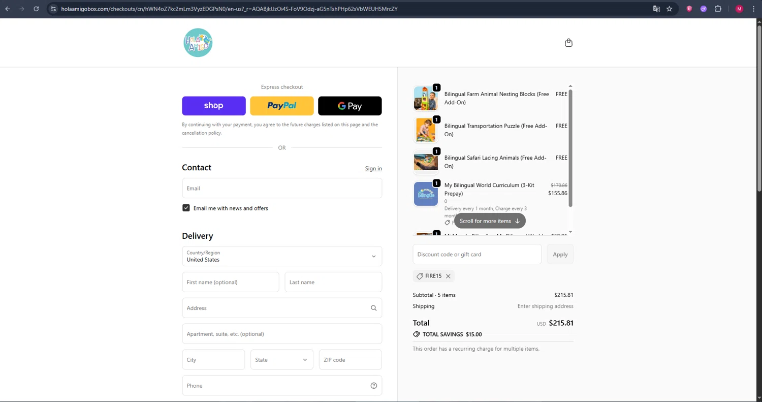 HolaAmigoBox promo code screenshot showing code FIRE15 applied at HolaAmigoBox checkout page. Uploaded by SimplyCodes community member BrilliantVirtuoso4783 on Nov 2, 2025