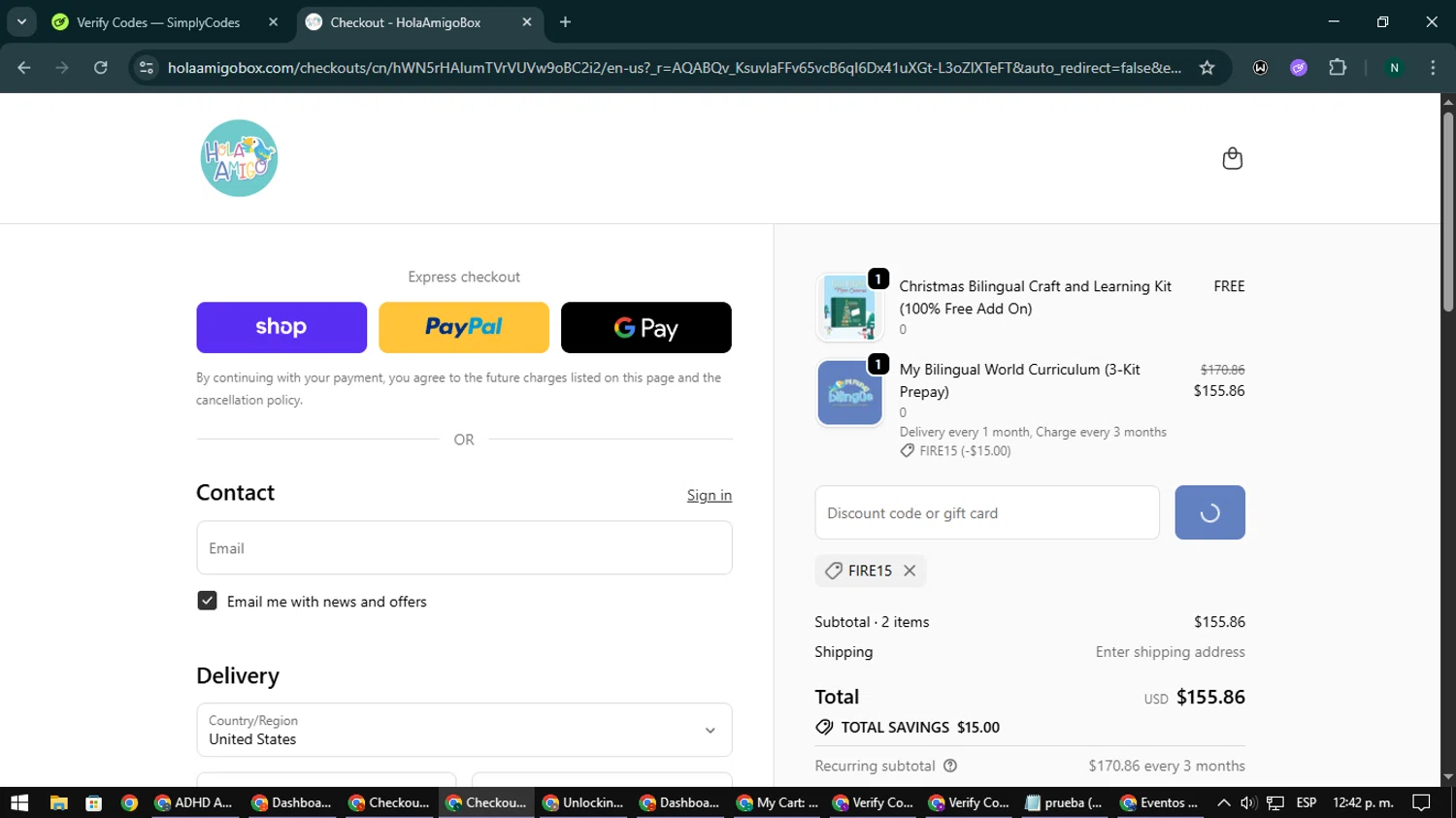 HolaAmigoBox promo code screenshot showing code FIRE15 applied at HolaAmigoBox checkout page. Uploaded by SimplyCodes community member nataaokiiii on Nov 29, 2025