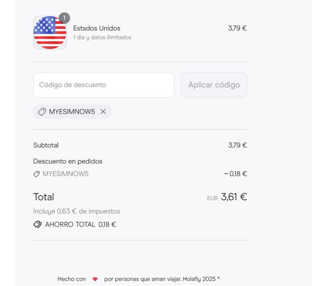 Holafly checkout page showing Holafly discount code box | Screenshot taken by SimplyCodes community member on Sep 9, 2025